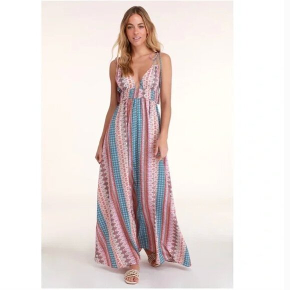LuLus Maxin Relaxin Maxi Dress Colorful Multi-Print Boho Empire Waist Sz S - Picture 4 of 14